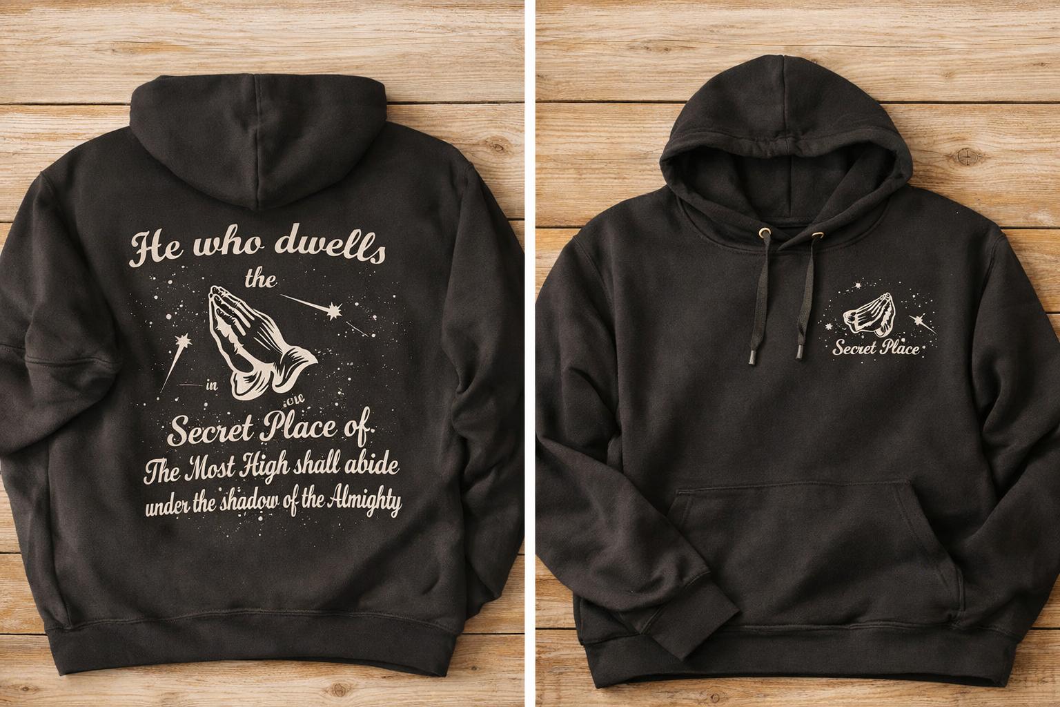 Black hoodie with text and design on the back, displayed on a wooden surface.