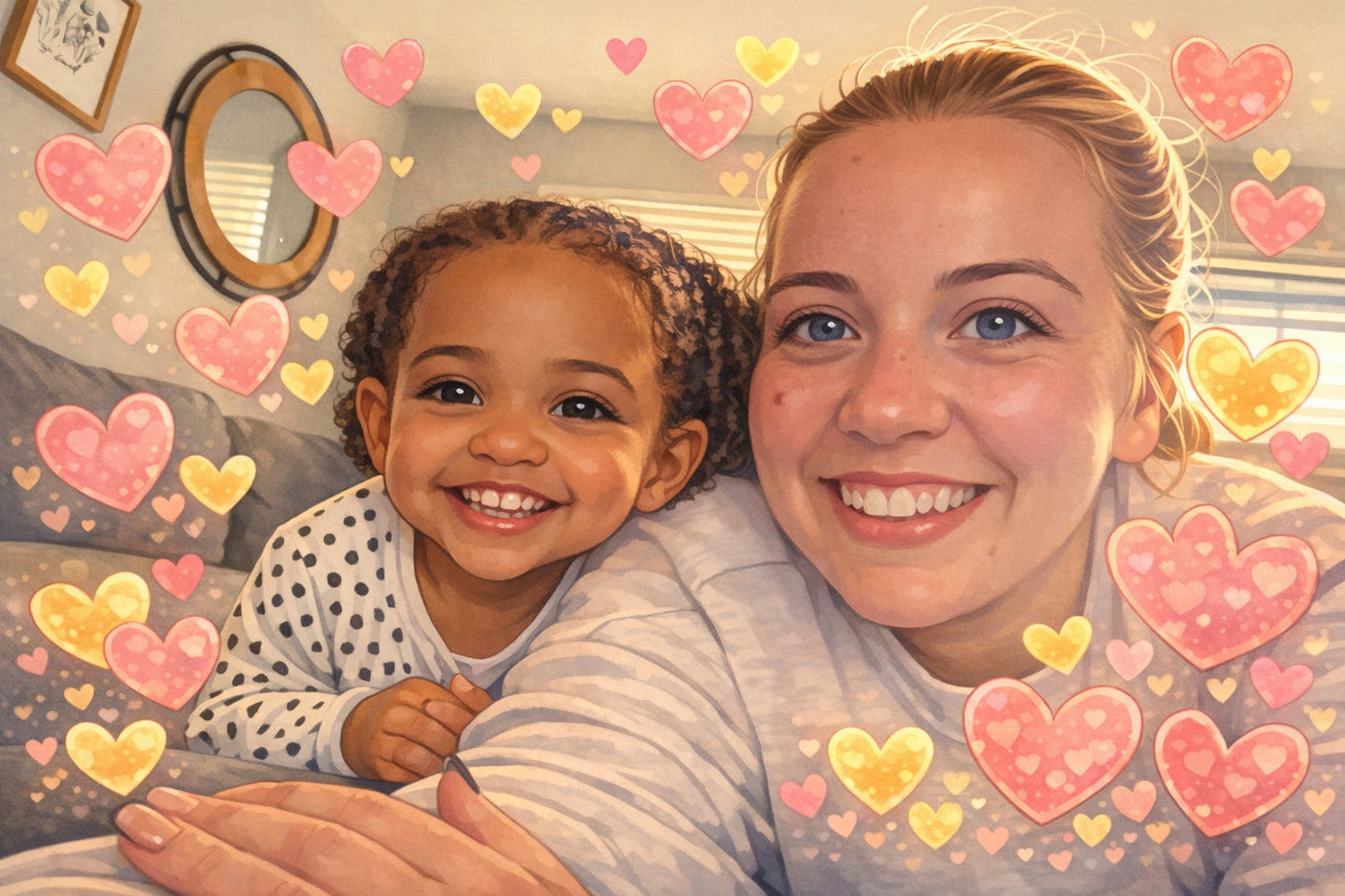 Mother and her daughter smiling together with heart-shaped stickers overlayed on the photo